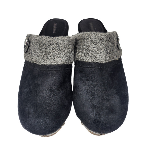 Black Studded Mules Clogs Womens 7 Cable Knit Slip Ons Wood Chunky Comfy Warm - Picture 3 of 11